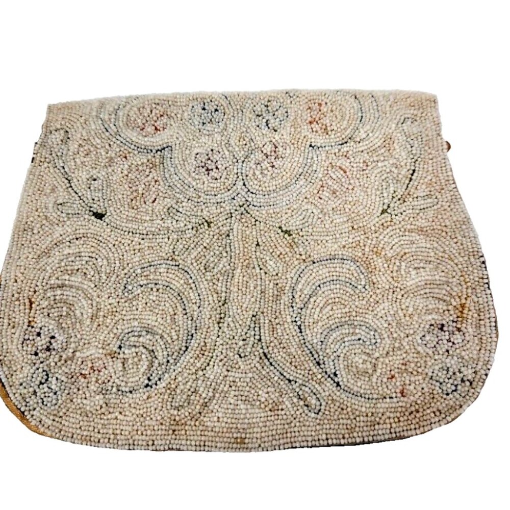 Antique Victorian Tambour Stitched Milk Glass Microbead Pouch Flap Purse French